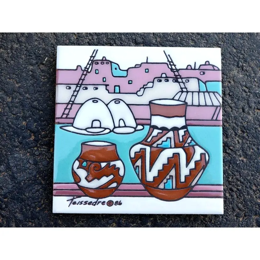 Cleo Teissedre Southwestern House & Pottery Signed Ceramic Glazed Tile 1986 Vintage