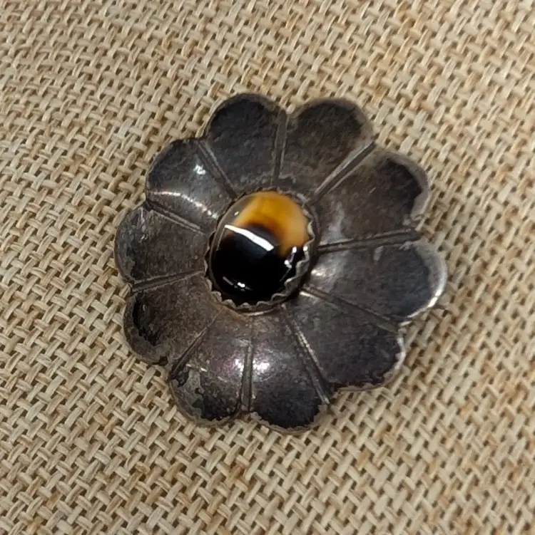 Vintage Navajo Native Sterling Silver & Moss Agate Floral Brooch Signed SB 1" 7g