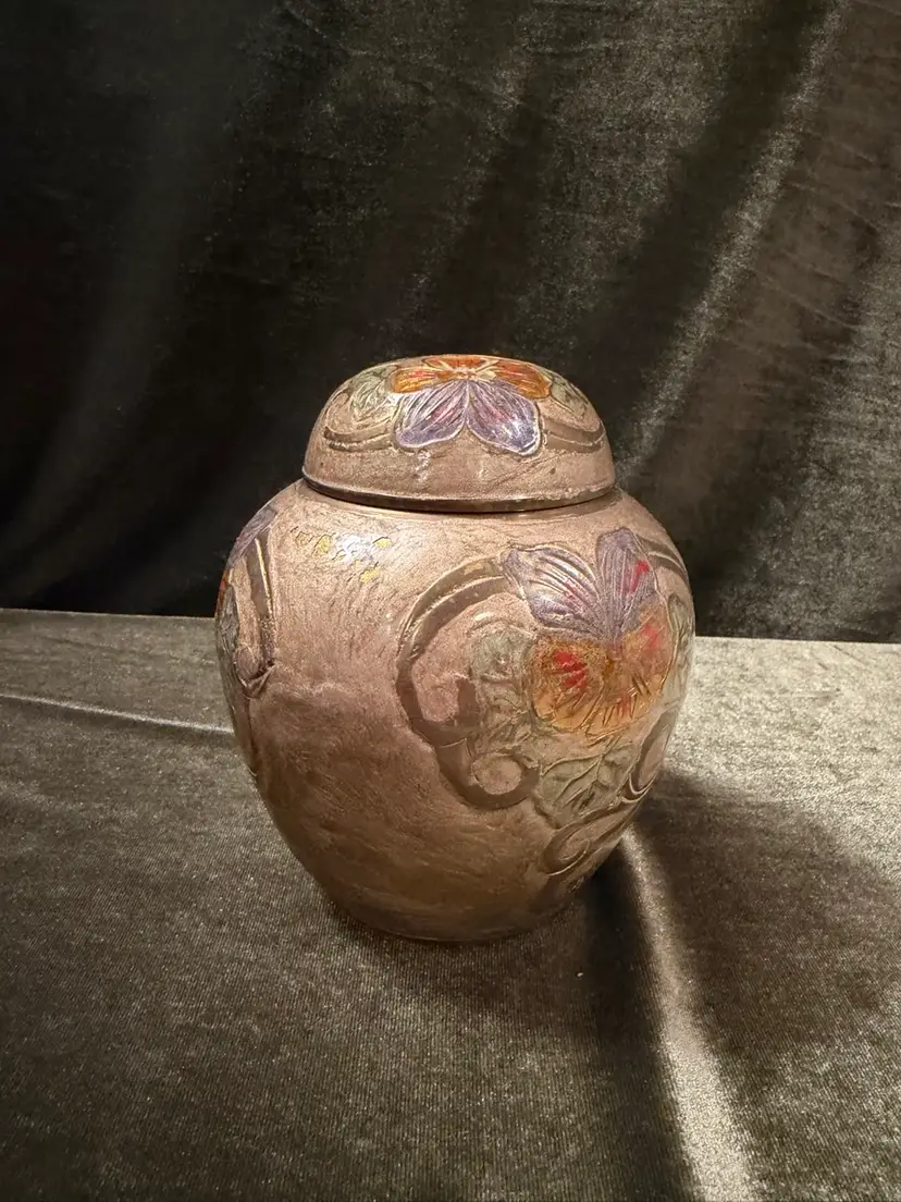 Indian Brass Decorative Lidded Jar with Enamel Floral Design