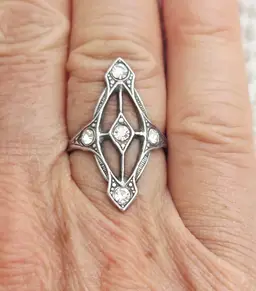 Vintage Sterling Art Deco Style Elongate Ring with "Diamonds," Size 6.5