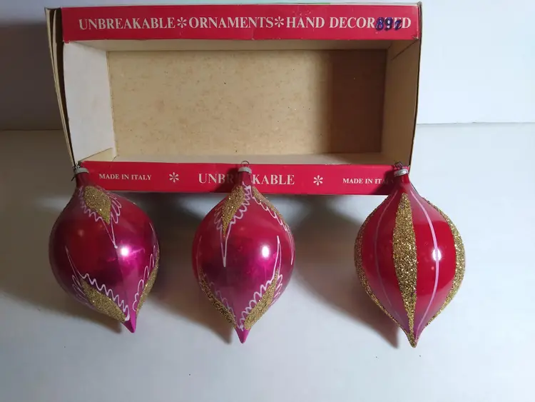 Vintage Unbreakable Italian Ornaments With Box Lot Of 3 Red Gold Glitter Retro
