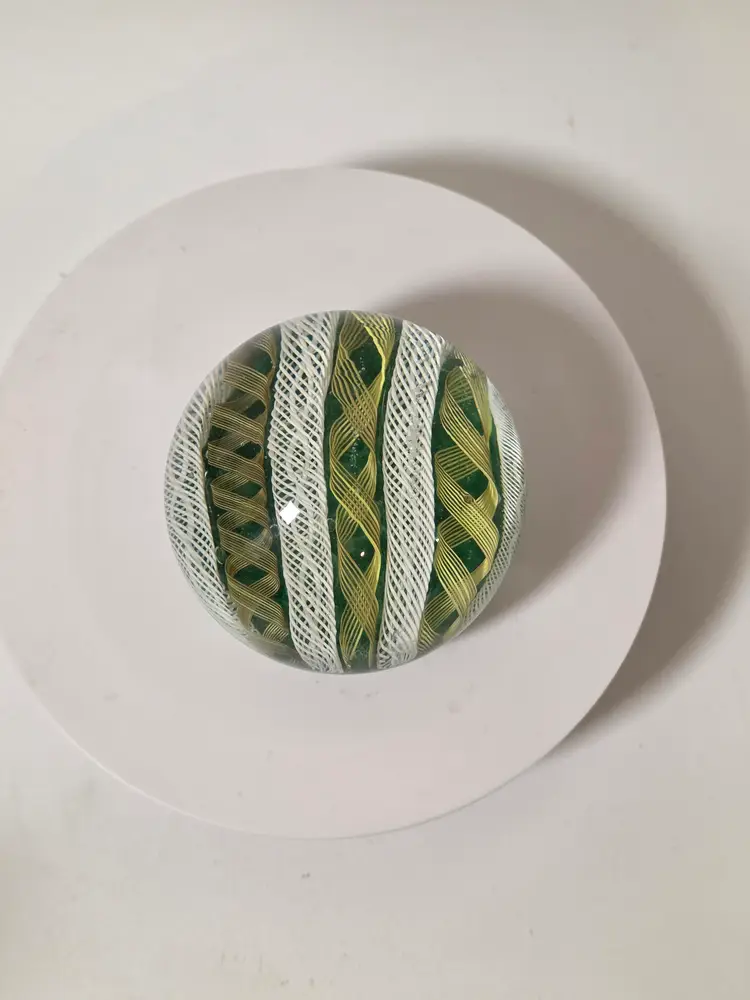 Vintage Murano Laticino And Ribbon Large Paperweight Gold White Green Italian