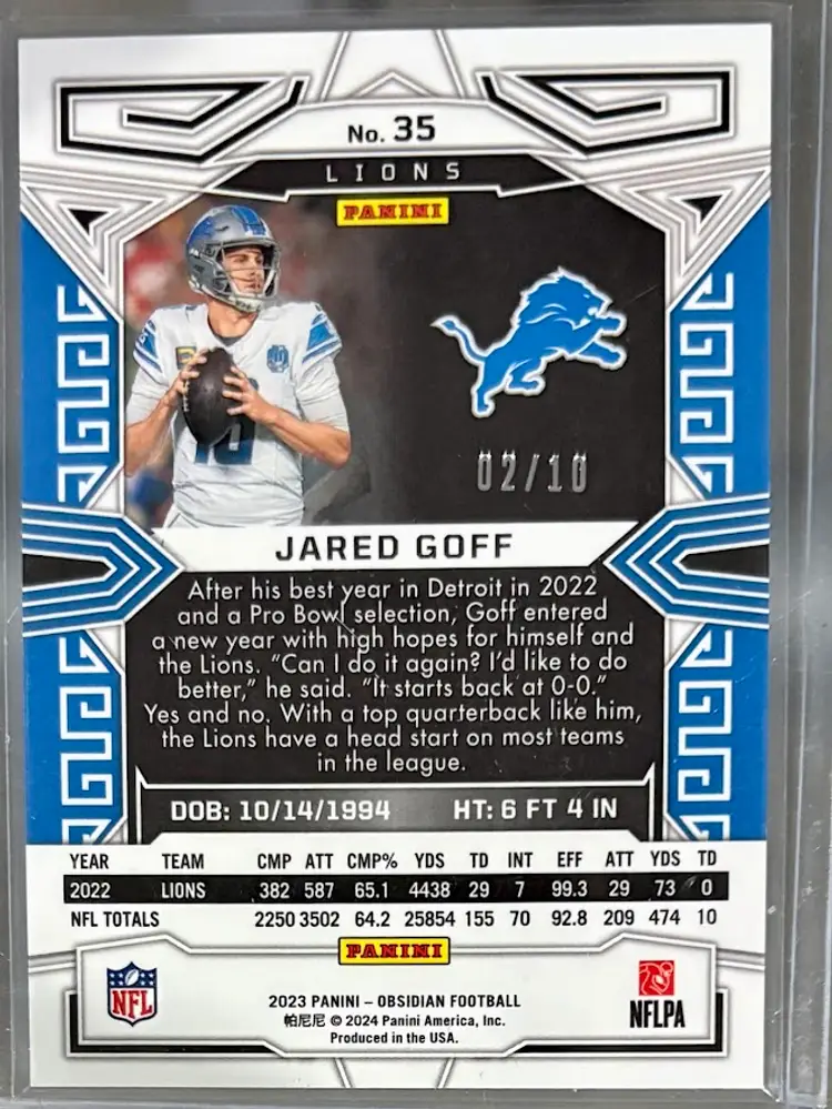 2023 Panini Obsidian Football Jared Goff Electric Etch Yellow #2/10 Detroit Lions