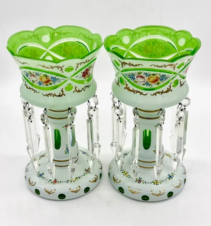 Magnificent 1940's Czech Bohemian white opaque cut to clear green; 2 crystals missing (easy to replace) - Set Of 2