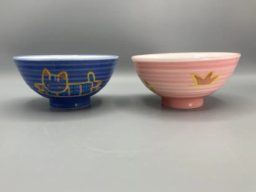 Schen Kotobuki Kids Rice Noodle Bowl Pink & Blue Cat Animal - Set Of 2 - READ