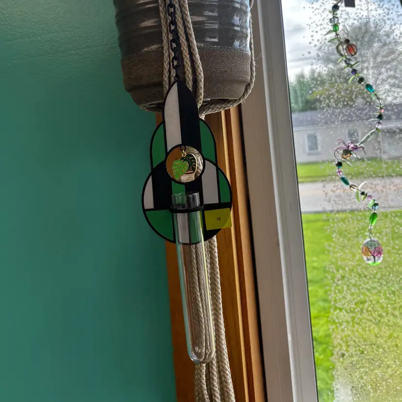 Faux Stained Glass Dark Green Propagation Station Hanger with Monstera Charm