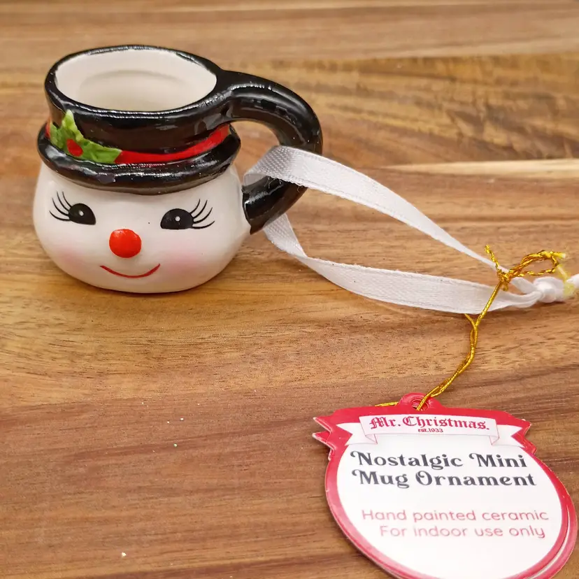 Mr Christmas Nostalgic Mini Mug Ceramic Ornament Retro Snowman 1.5" NEW