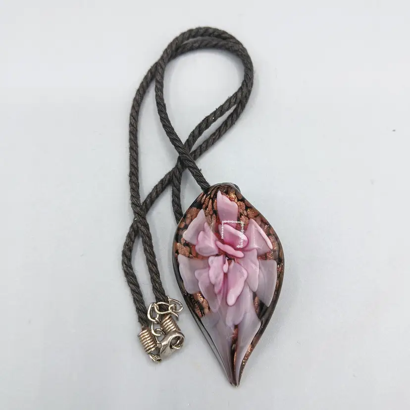Choker-Length Necklace with Pink Floral Glass Bead Pendant, Copper Accents