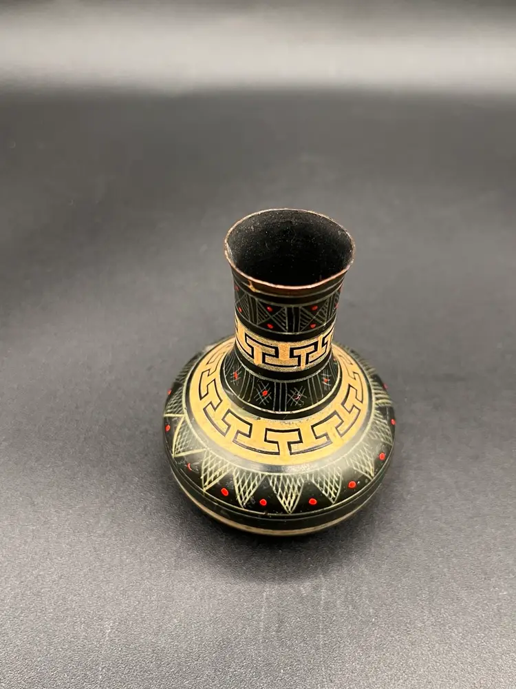 Greek Hand Painted Metal Bud Vase 2.75”