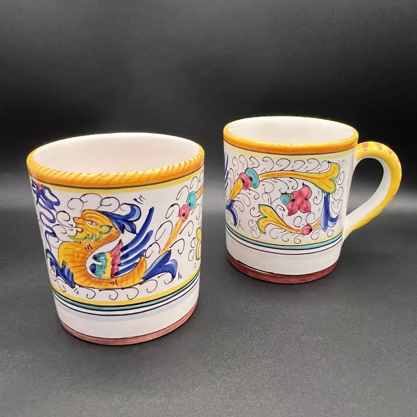 #32 Pair Of Hand Painted Italian Deruta Raffaellesco Dragon Floral Ceramic Mugs 4”