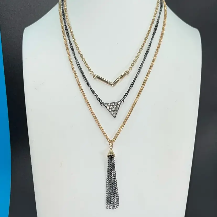 GUESS Gunmetal, Gray And Gold Three Strand Necklace 18-22” Long
