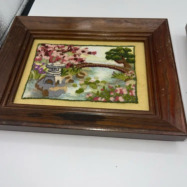 Asian Landscape Crewel Finished Cherry Blossom Bridge Wooden 7.5 X9.5” Frames