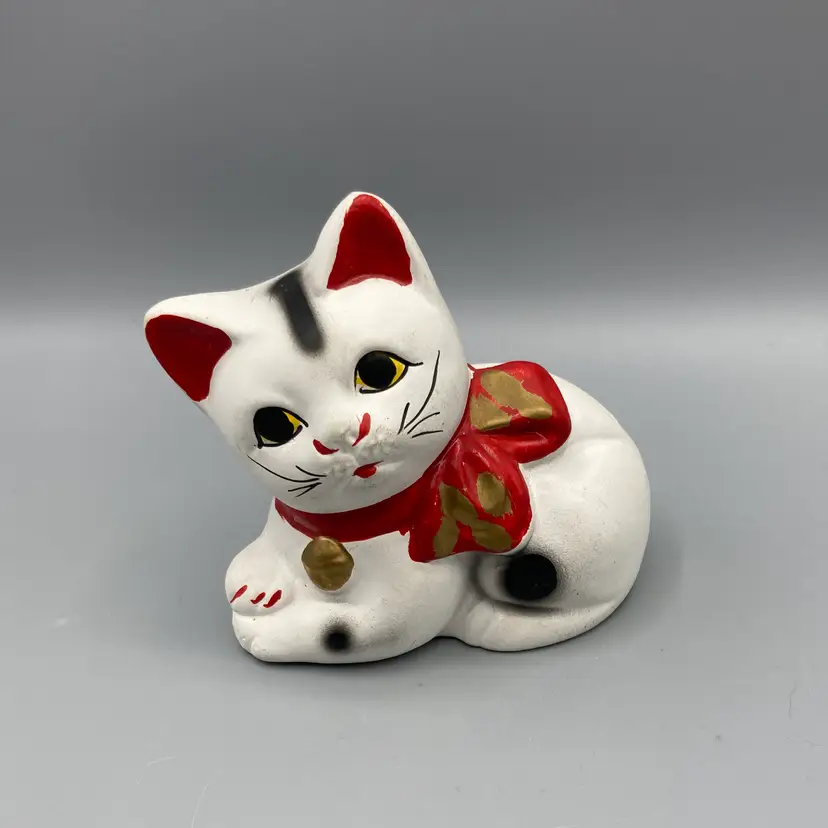 Vintage Maneki-neko Ceramic Cat with Red Ribbon Bank - Made in Japan