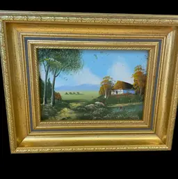 Artist Signed Oil Painting Cabin In Woods
