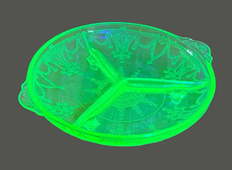 Vintage Vaseline Uranium Depression Glass Handled / Footed Candy Nut Relish Dish