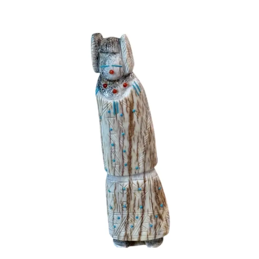 Zuni Carved Antler Corn Maiden Fetish Figurine Turquoise Accents Artist Claudia Penia?
5-5/8” T x 2-3/8” L x 1” W