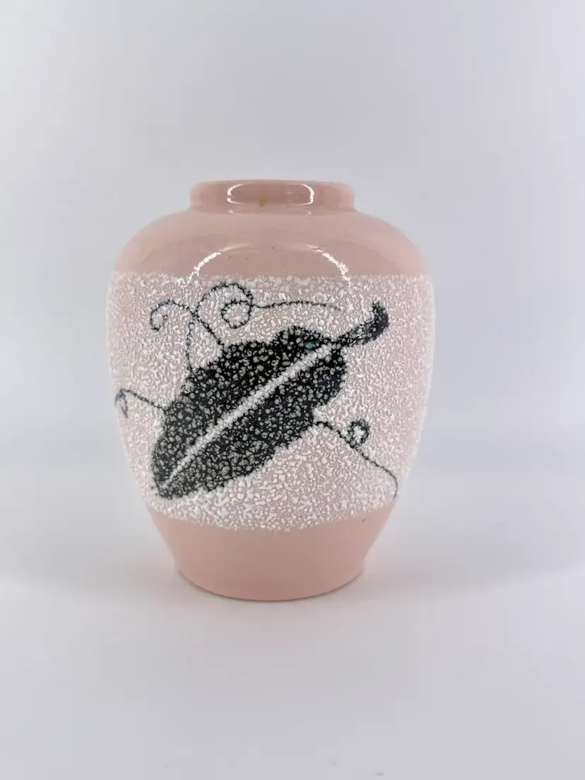 Pale Pink 6" Vase Applied White Lava Glaze Black Leaf Design