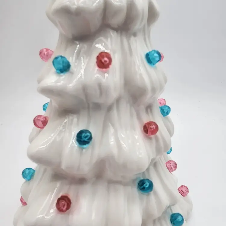 NIB Vintage Light Up Ceramic Christmas Tree White Pink Blue Bulbs Star Topper