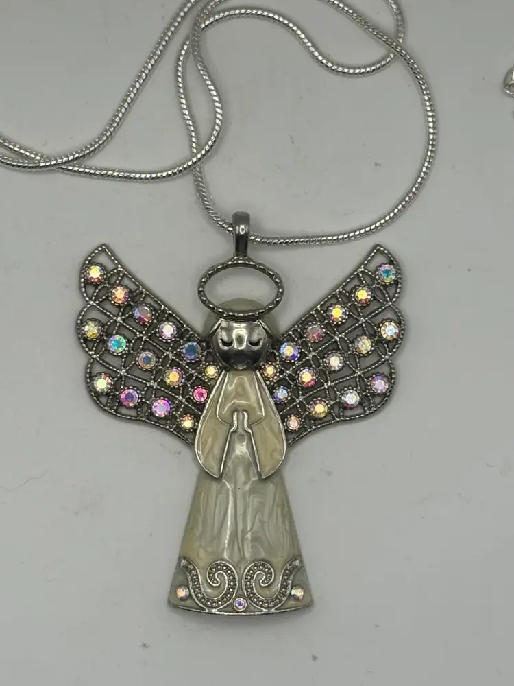 27126 - Enamel and Rhinestone Silver tone  Pendant On 15in Silver tone Chain. Pendant Is 3” X 2.75”