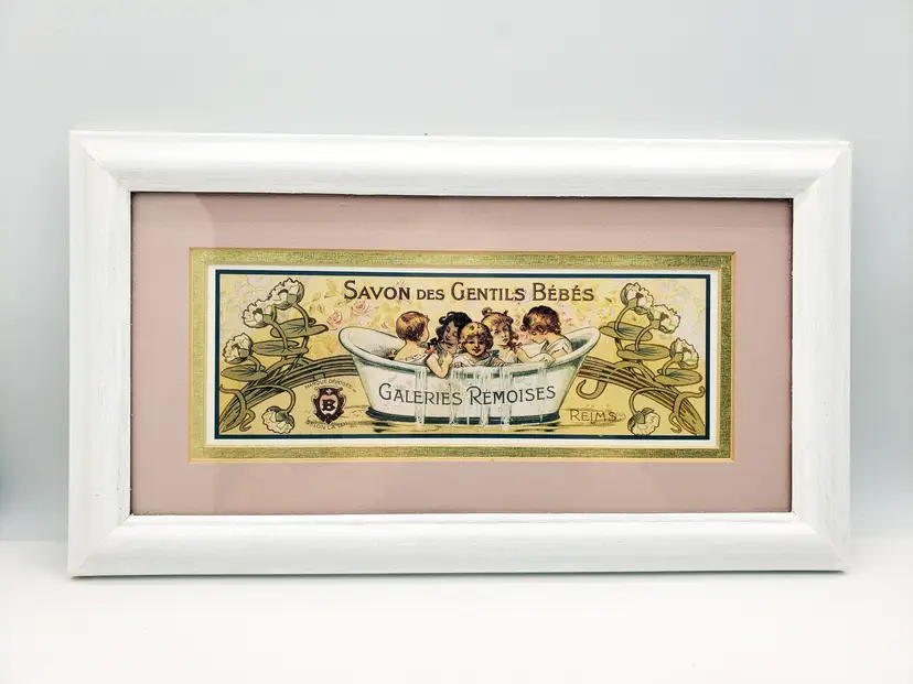 Vintage Savon Des Gentils Bebes Framed Print Soap Advertisement Good Babies 13". Classic French Bath Babies print that was an advertisement for soap.