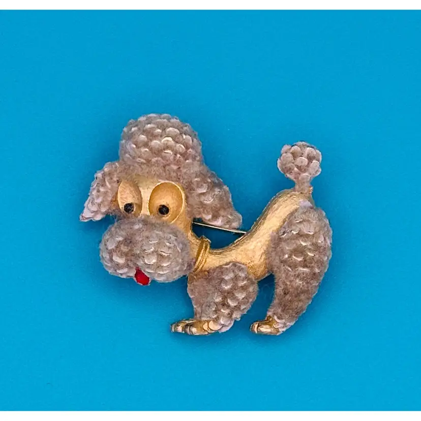 Vintage Dog Poodle Brooch Pin 1960s J.J. Rhinestones Gold Tone Figural