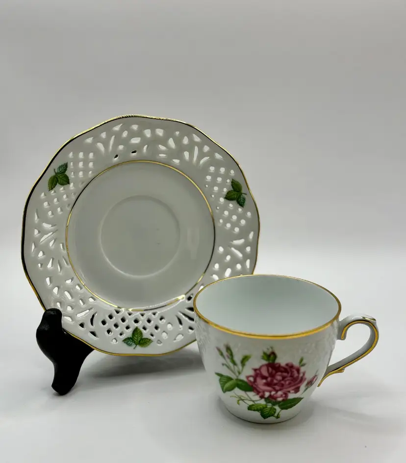 Vintage No. 1 Rosa Indicate Cruenta Pattern Porcelain Teacup & Saucer with Pierced Design and Floral Motif, Gold Trim Detail, By Schumann Alzberg Tradition, Made In Bavaria, Germany