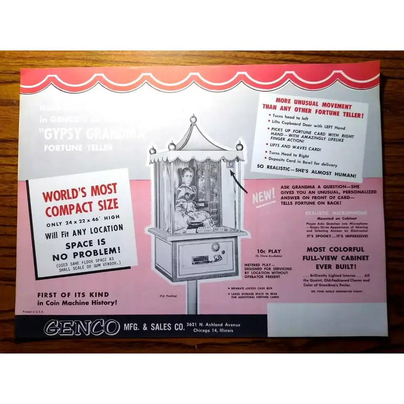 Genco Gypsy Grandma Arcade FLYER 1957 Original Fortune Teller Horoscope Game