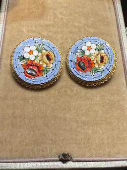 Vintage Italian Gold Tone Micro Mosaic Blue Clip On. Earrings