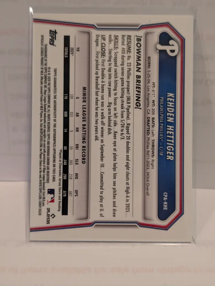 Kehden Hettiger 2026 Bowman Chrome #CPA-KHE - (141) - Philadelphia Phillies