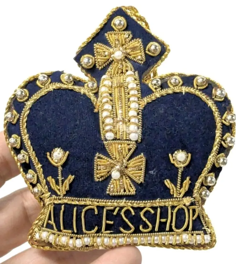 Intricately Beaded Hanging Plush Crown "Alice's Shop" - Cobalt Blue With Gold Beading And Stitching With Pearl And Silver Tone Beads