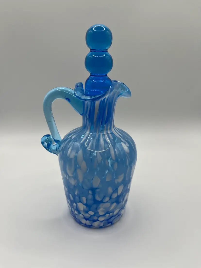 Hand Blown Art Glass Cruet Blue White Spatter Milk Spots With Stopper