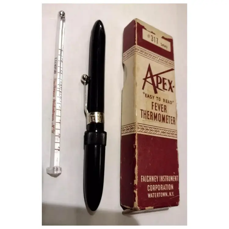 Vintage Apex Fever Thermometer Faichney Glass #317 Oral Thermometer with Box NY