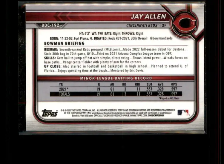 2022 Bowman Draft Sapphire Edition #BDC-192 Jay Allen - (138) - Cincinnati Reds