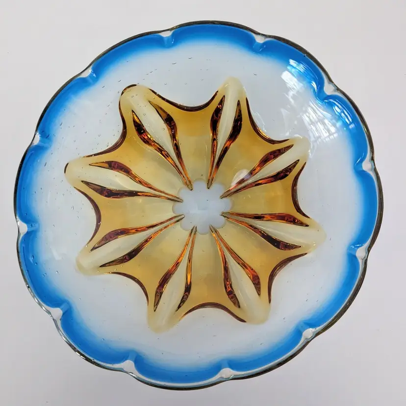 Art Glass Bowl Cobalt Blue Clear Amber Scalloped Edge 8.5"X2. 5"