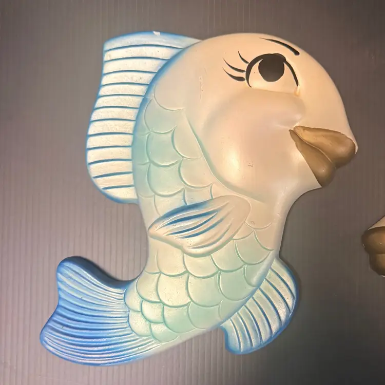 Vintage 1964 Miller Studios Fish Chalk-ware Wall Decor Blue Retro Pair