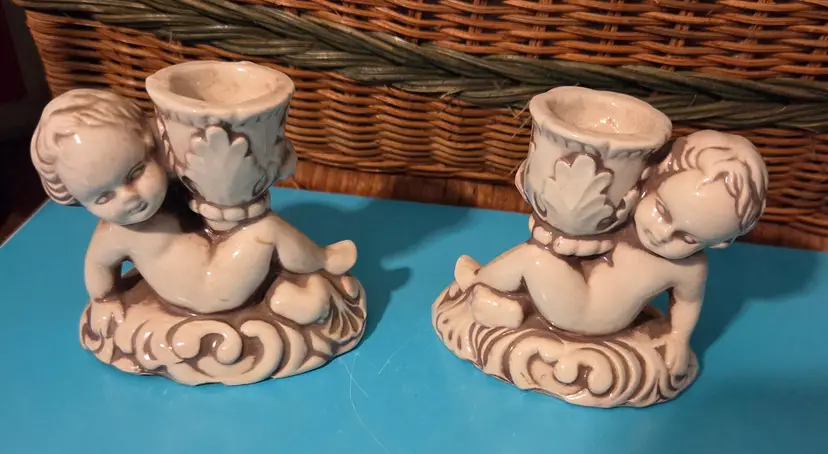 Vintage Hobbyist Ceramic Cherub Candle Holders, Set of 2