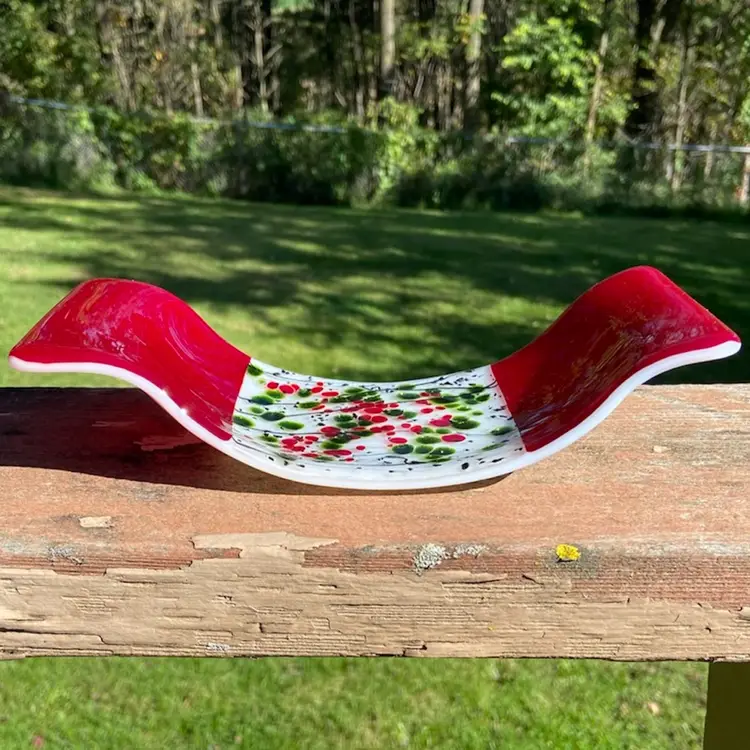 Fused Glass Tray / Candle Holder. Red, Sparkly Green, White & Black Decoration. White Glass On Back. 9.75”w x 3.75”d x 1.75”h.