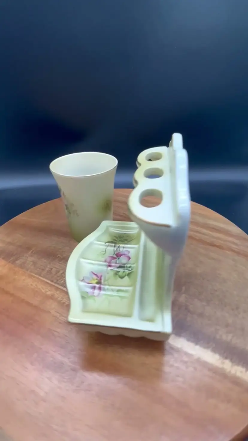 Antique Nippon Hand-Painted Porcelain Toothbrush/Soap Holder and Cup Set