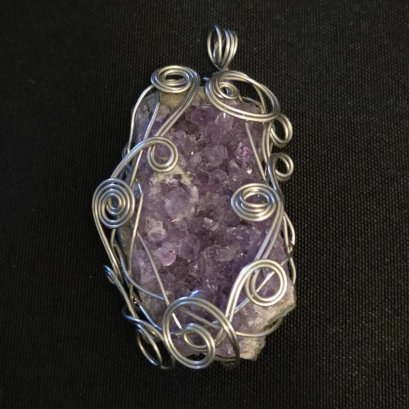 Purple Amethyst Stone Pendant Within Wire Wrapped Embellished Cage Unbranded