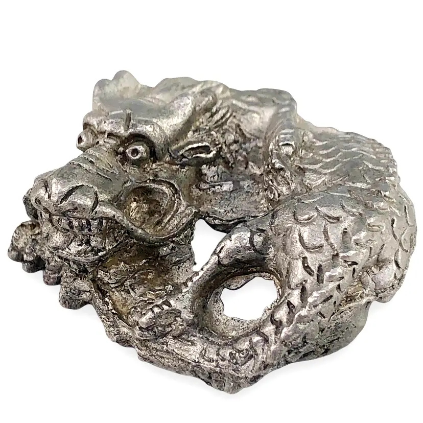 Miniature Pewter Coiled Dragon Figurine, Chinese New Year Horoscope