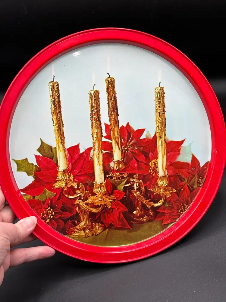 Vintage Christmas Holiday Round Metal Trays, Candles