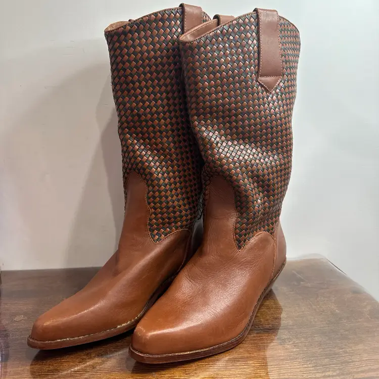 Dingo Boots Women Size 8.5 Brown Black Weave Checkered Pointed Toe Pull-On