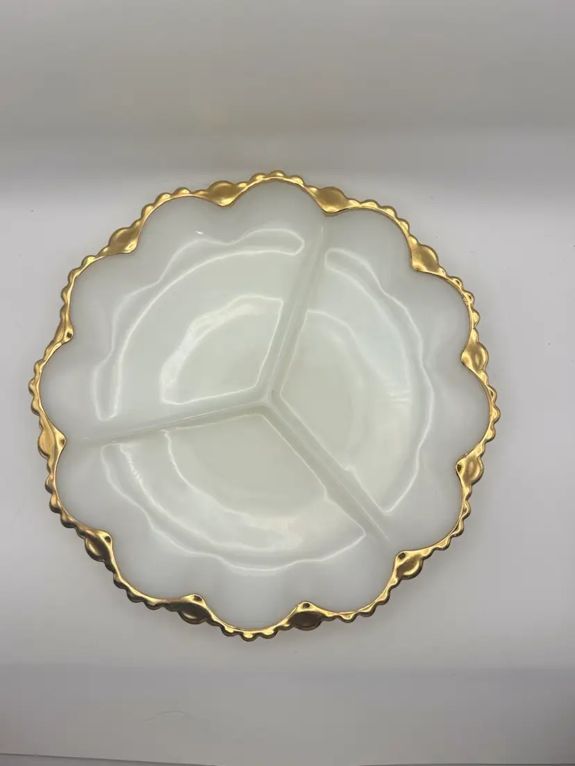 Vintage Anchor Hocking Fire-King milk glass divided relish tray with a gold scalloped rim. 10”