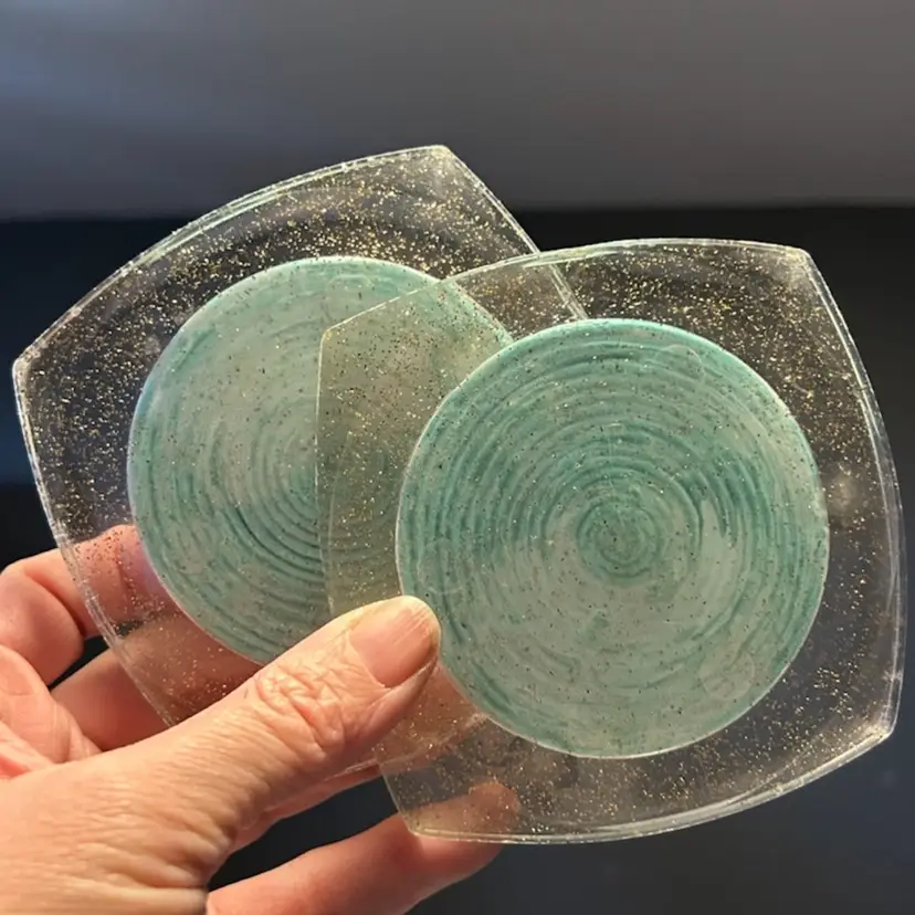 Vintage 60’s MCM Aqua/ Clear w Gold Glitter Lucite Coasters Set Of 6