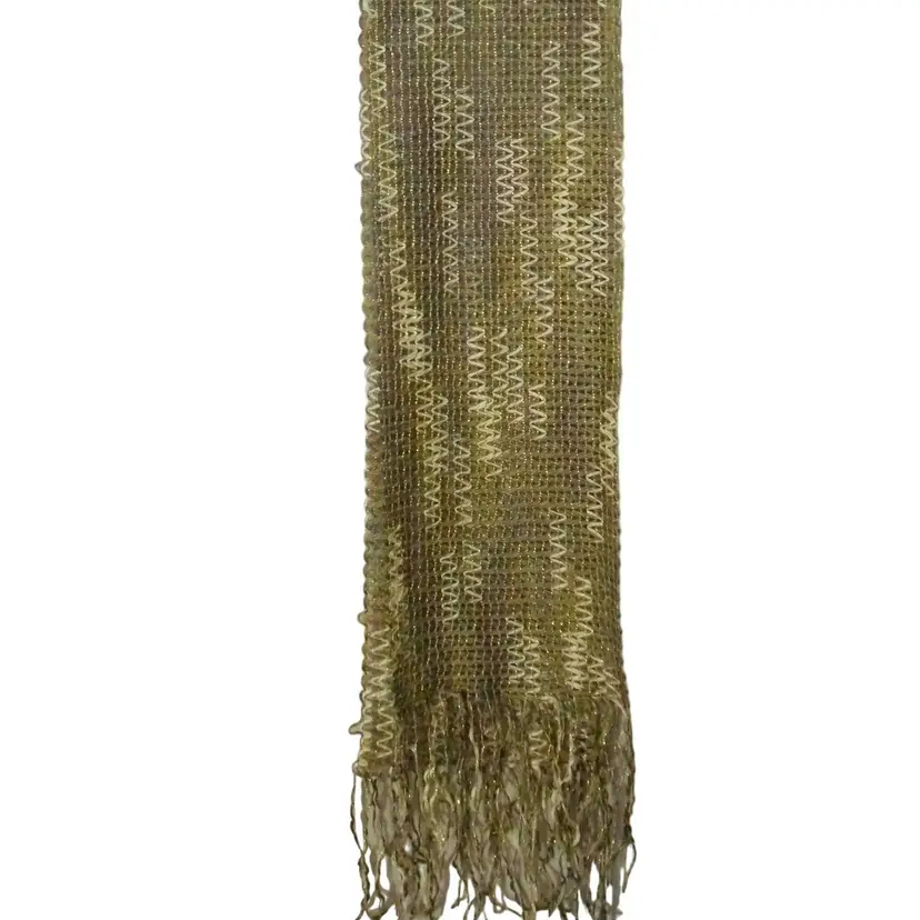 NWT Beige Tan Gold Fringe rectangle loose woven scarf - Estate Find