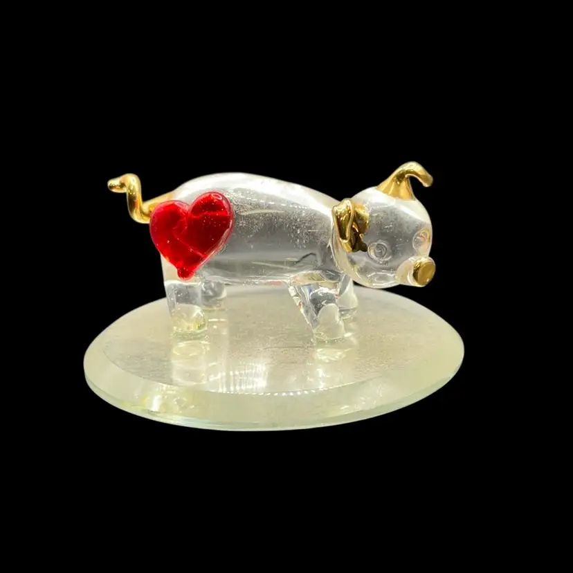VTG Glass Baron Piggy On Mirror Base .75” X 1.5” Glass Pig Figurine with Heart Accent