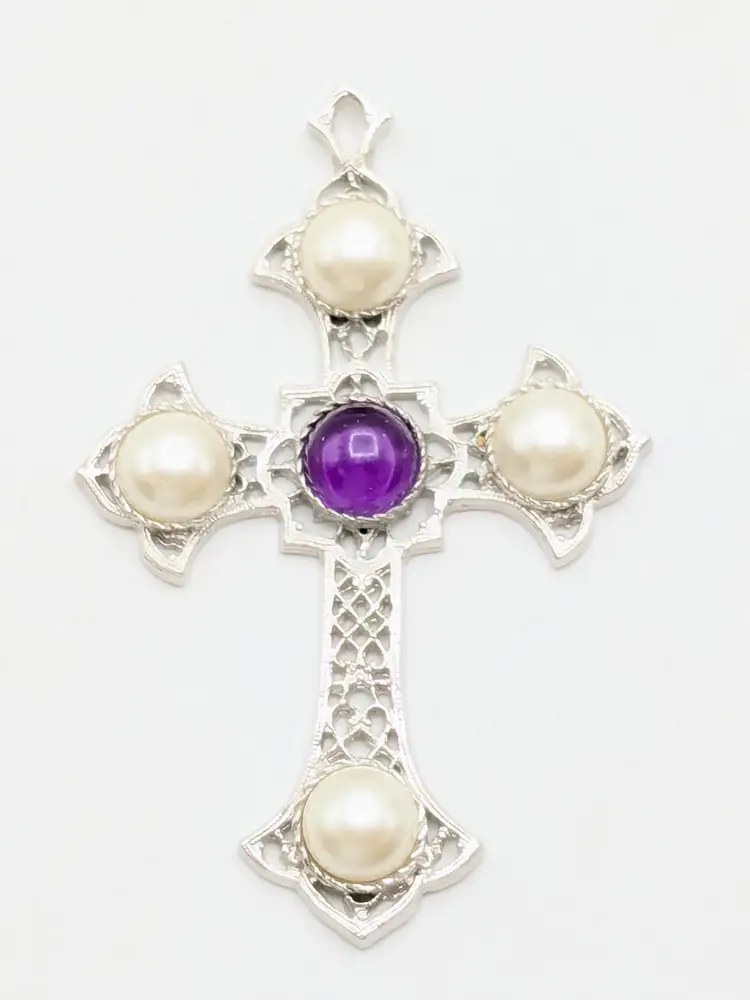 Vintage Sarah Coventry Cross Pendant Purple Cabochon with Faux Pearls 1970's