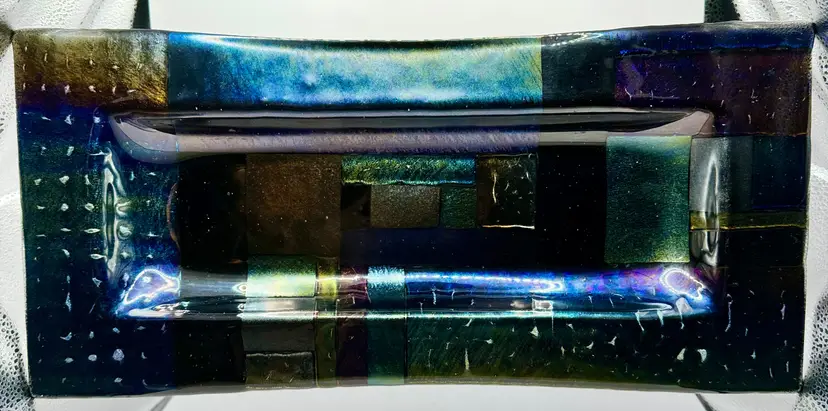 Vintage 1989 Abstract Fused Dichroic Iridescent Art Glass Rectangle Tray Serving Plate Platter, By Hathcoat Studios LTD, Made in Colorado Springs, CO, Signed