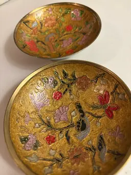 Two 4” CLOISONNE enameled BRASS footed bowl trinket dish w birds & flowers