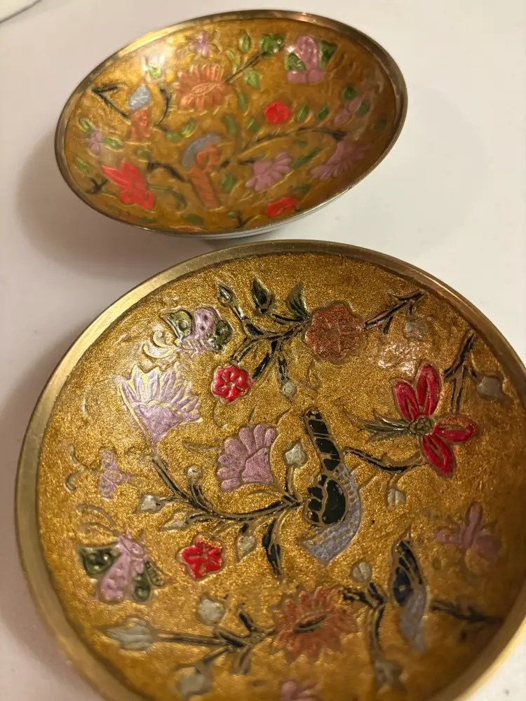 Two 4” CLOISONNE enameled BRASS footed bowl trinket dish w birds & flowers